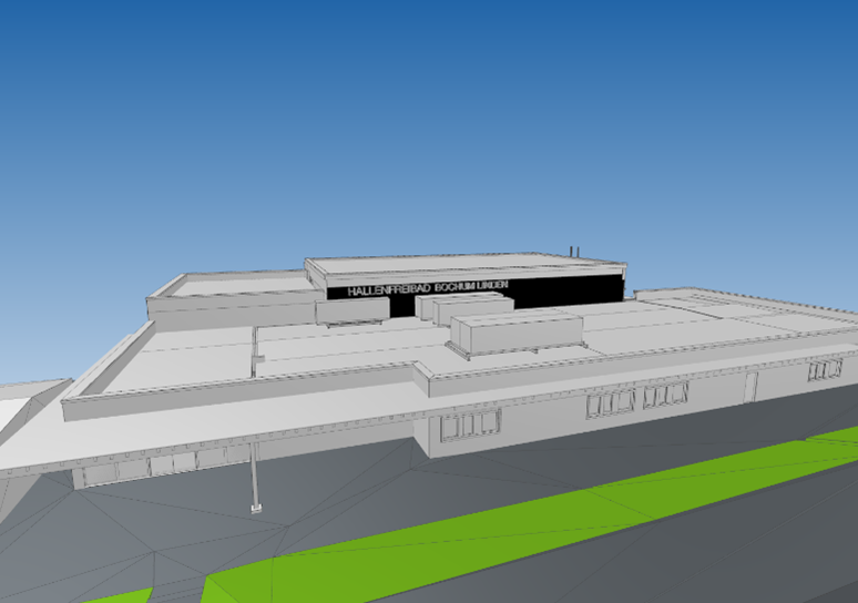 Ein 3D-Modell eines Gebäudes mit einem blauen Himmel im Hintergrund.