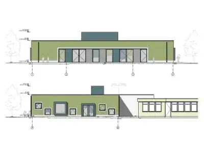 Eine Zeichnung der Vorder- und Seite eines Gebäudes.