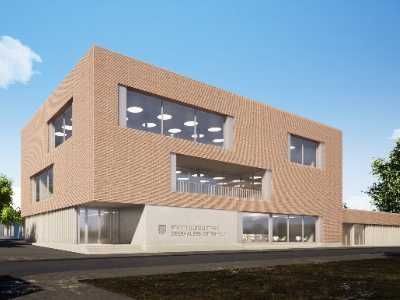 Eine künstlerische Darstellung eines großen Backsteingebäudes mit vielen Fenstern.