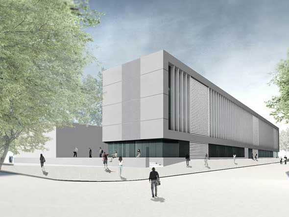 Eine künstlerische Darstellung eines großen weißen Gebäudes.