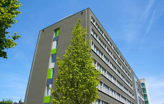 Ein großes Gebäude mit einem Baum davor.