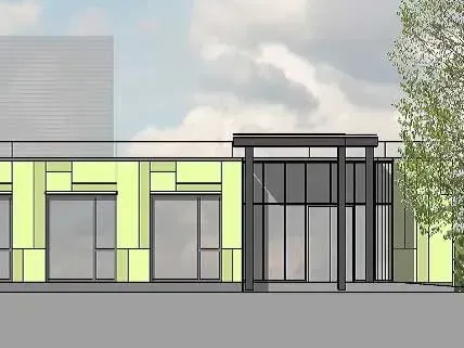 Eine Zeichnung eines Gebäudes mit vielen Fenstern und einem Baum davor.