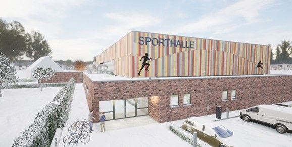 Eine künstlerische Darstellung eines Gebäudes mit blauem Dach.