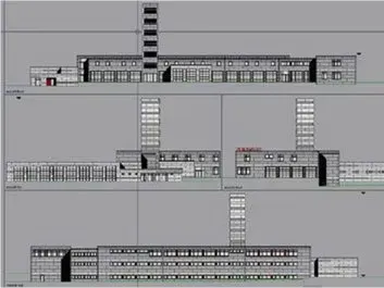 Ein großes weißes Gebäude mit roten Türen und einem Parkplatz davor.