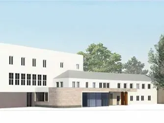 Eine künstlerische Darstellung eines großen weißen Gebäudes mit Bäumen im Hintergrund.