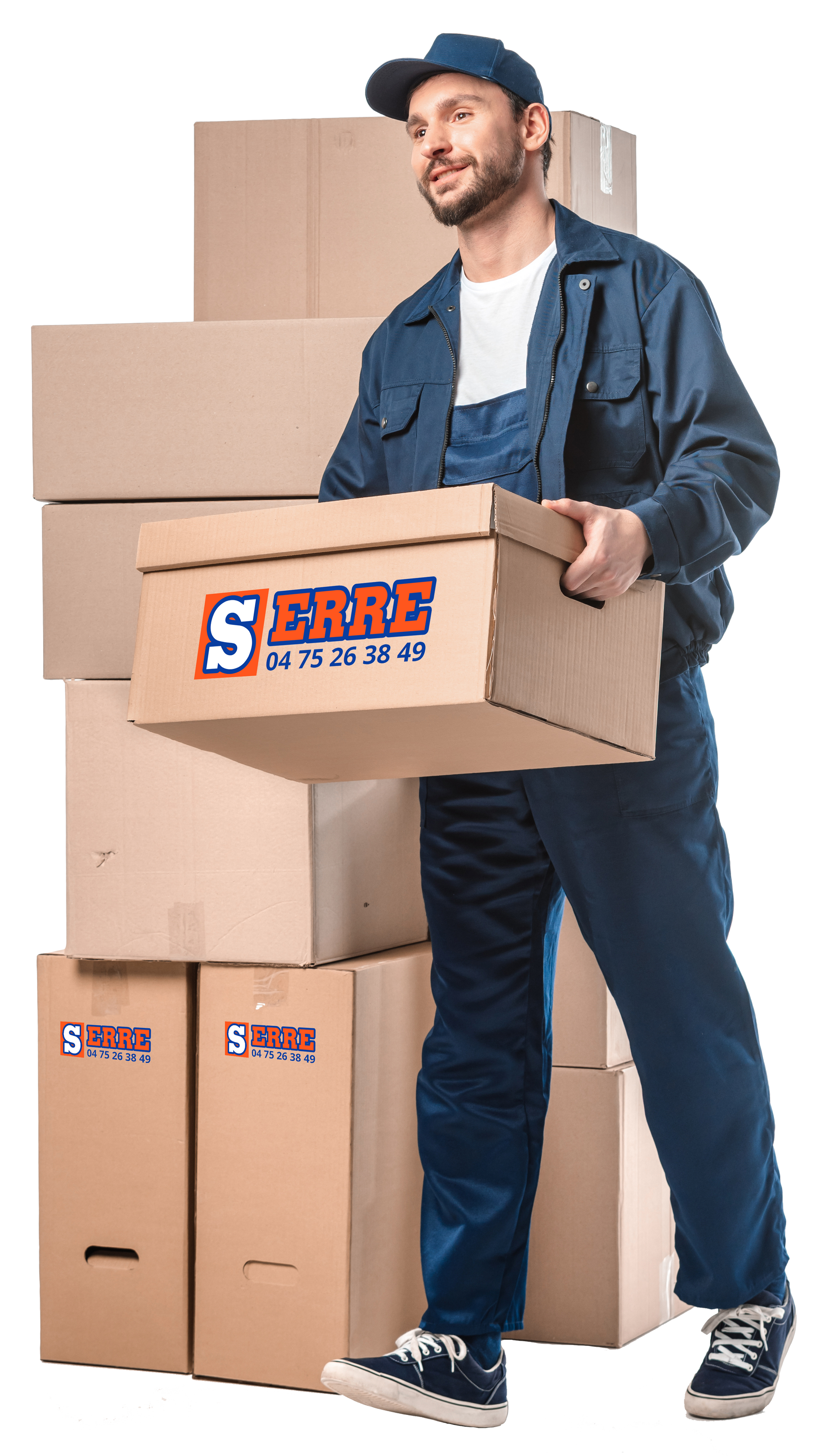 Professionnel portant un carton de l'entreprise Déménagements Serre à côté d'une pile de cartons