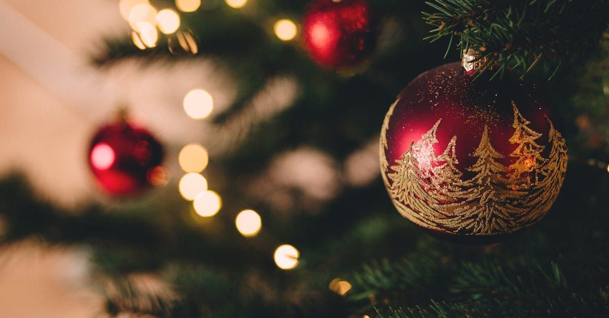 Eine Nahaufnahme eines Weihnachtsbaums mit roten und goldenen Ornamenten.