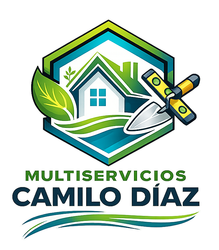 Logo de Multiservicios Camilo Díaz con casa, hoja verde, herramientas y colores verde y azul.