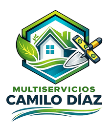 Logo de Multiservicios Camilo D&iacute;az con casa, hoja verde, herramientas y colores verde y azul.