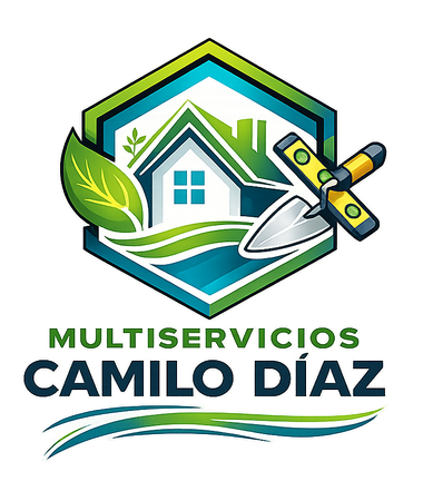 Logo de Multiservicios Camilo D&iacute;az con casa, hoja verde, herramientas y colores verde y azul.