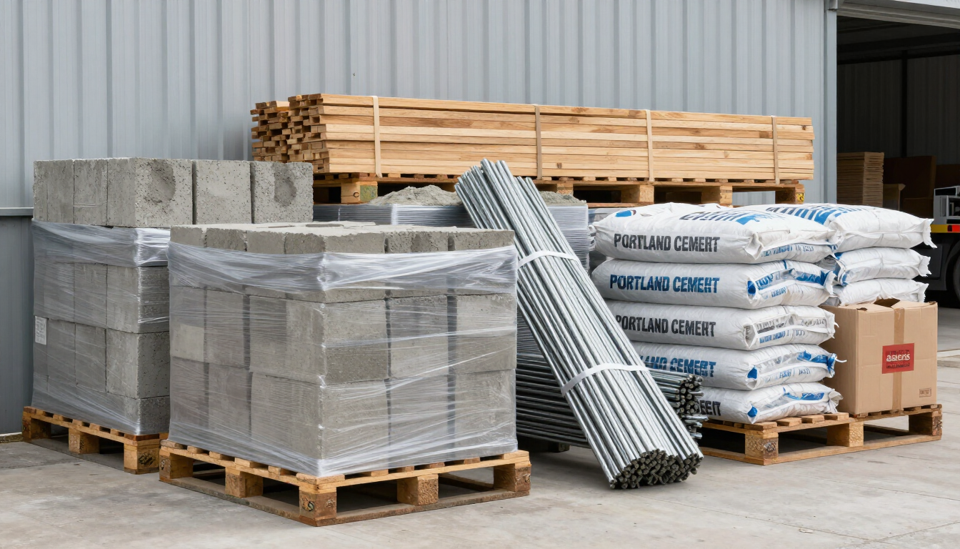 Palés de materiales de construcción apilados en el exterior de un almacén, que incluyen sacos de cemento, madera y rollos de malla metálica.