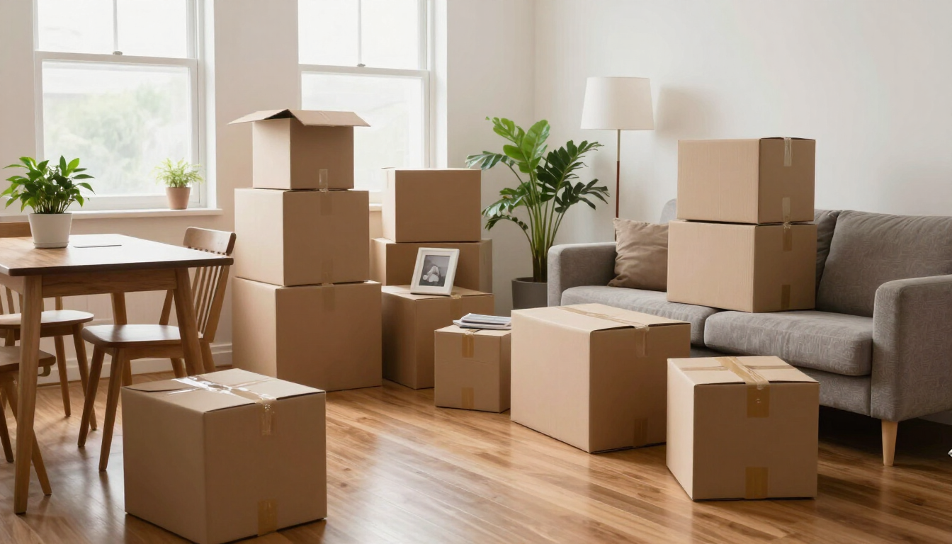 Cajas de mudanza apiladas en una luminosa sala de estar junto a un sofá, una mesa y plantas.