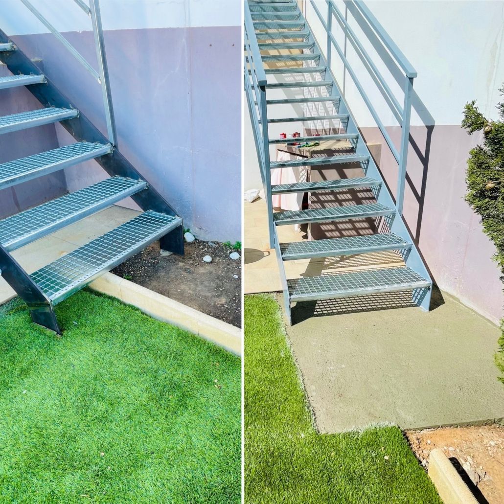 Una foto de antes y después de una escalera de metal.