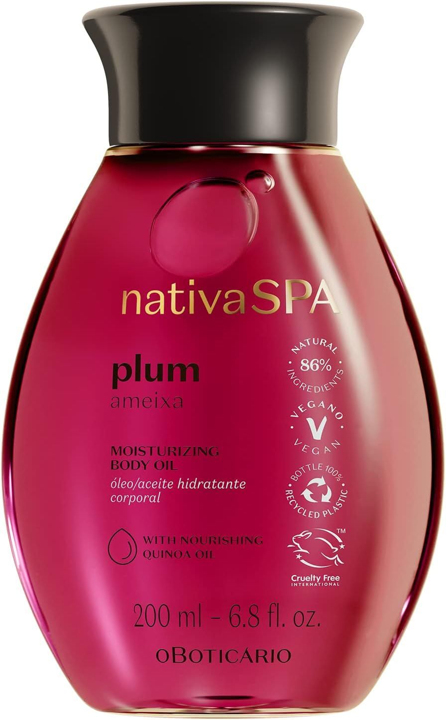 Botella de aceite corporal hidratante de ciruela de Nativa SPA, color rosa intenso con tapón negro.