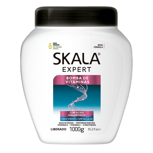 Envase blanco de mascarilla capilar Skala Expert con etiquetas rosas, azules y negras.