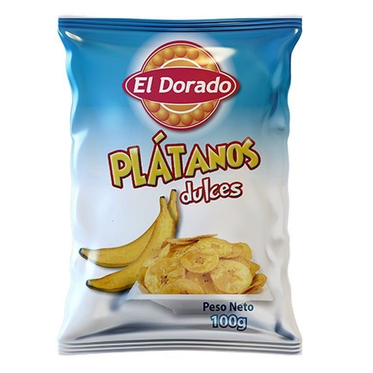 Bolsa de chips de plátano dulce El Dorado con bananos.