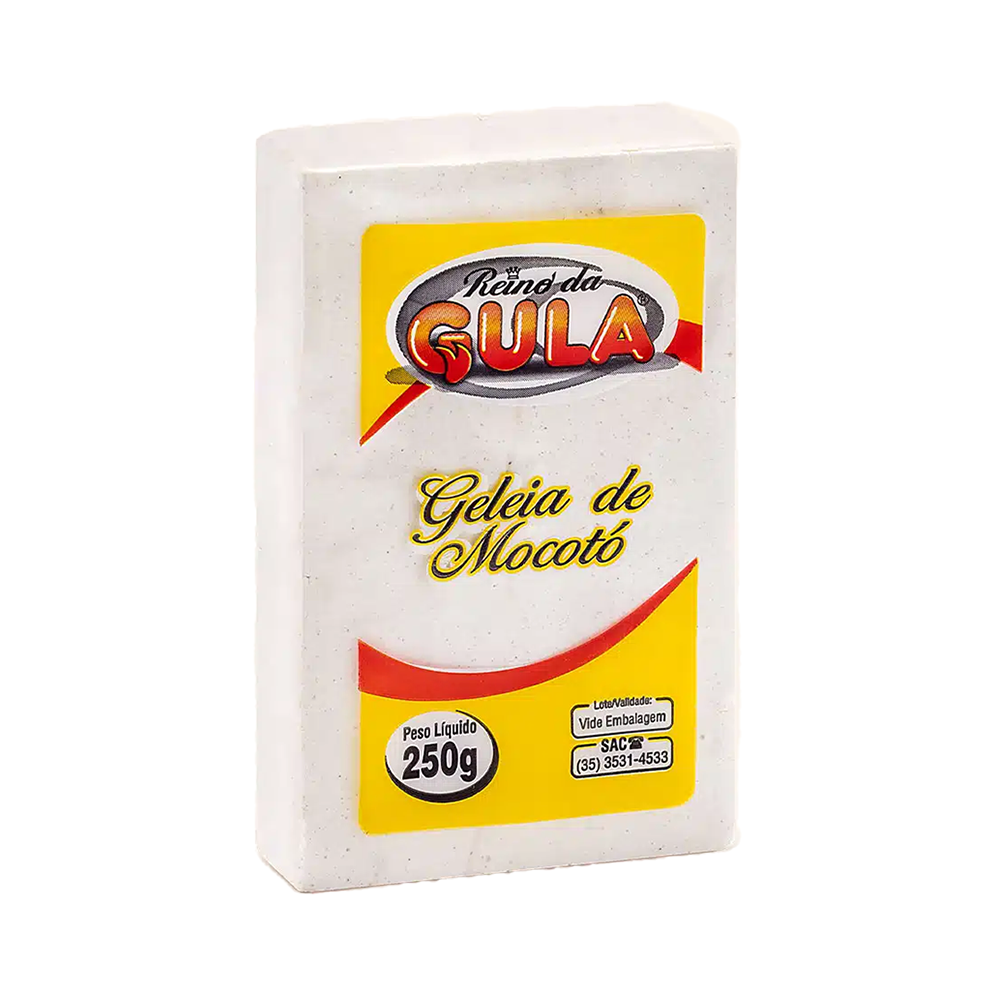 Embalaje en bloque blanco con etiqueta amarilla y roja que dice “Geleia de Mocotó”, una golosina brasileña.