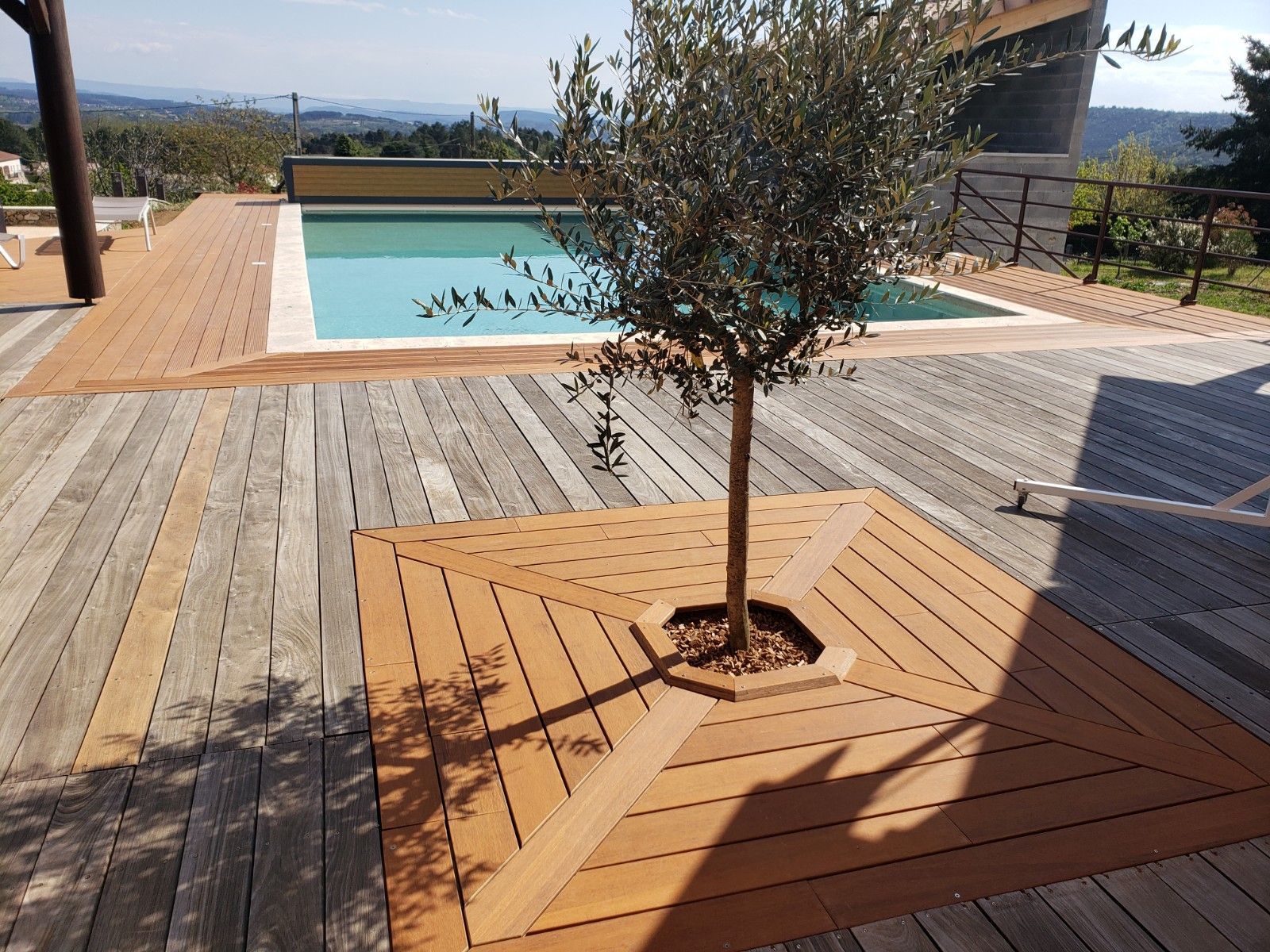 Photo de piscine avec terrasse en bois et petit arbre