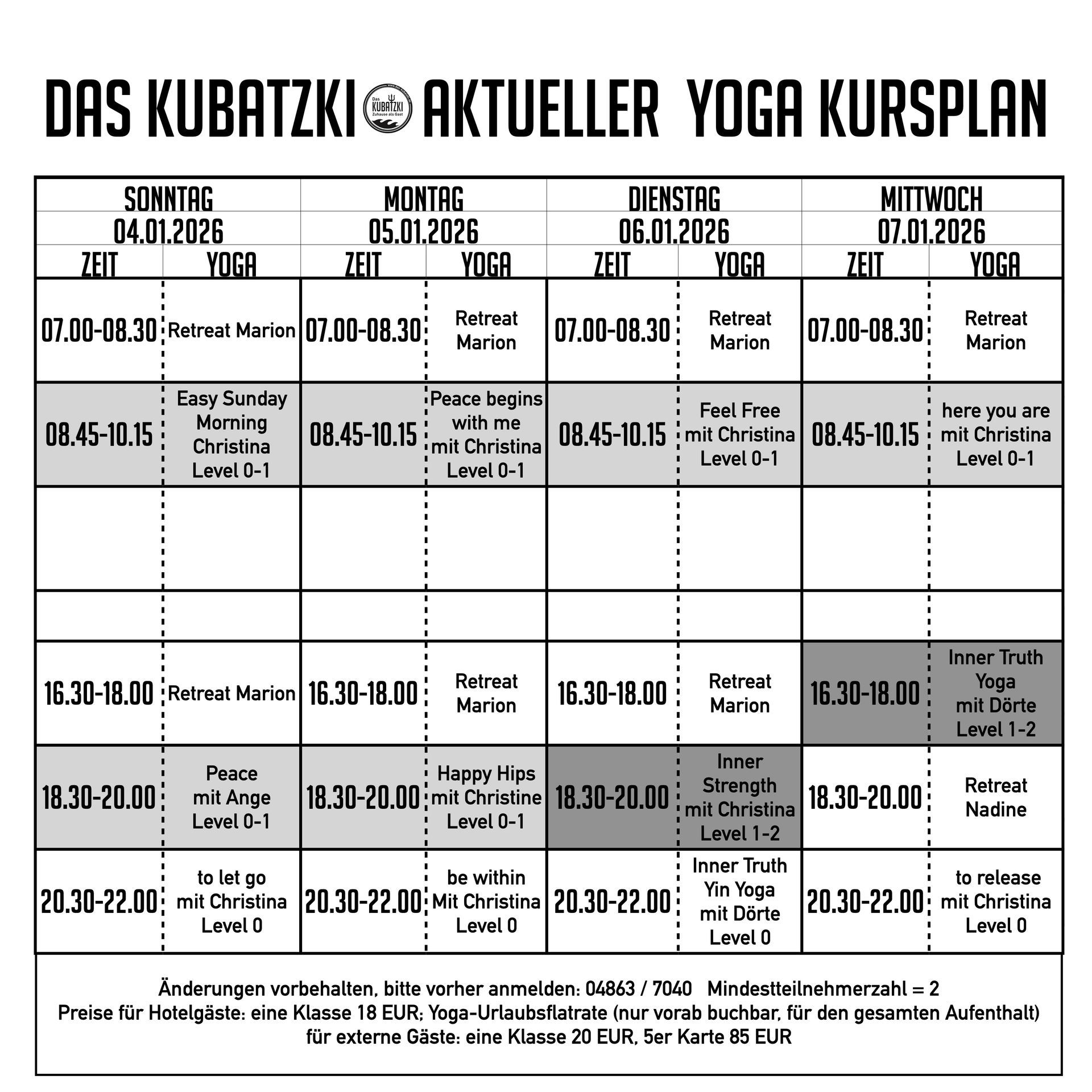 Yoga-Kursplan für Das Kubatzki mit Angabe von Zeiten, Tagen und Arten der Yoga-Kurse.
