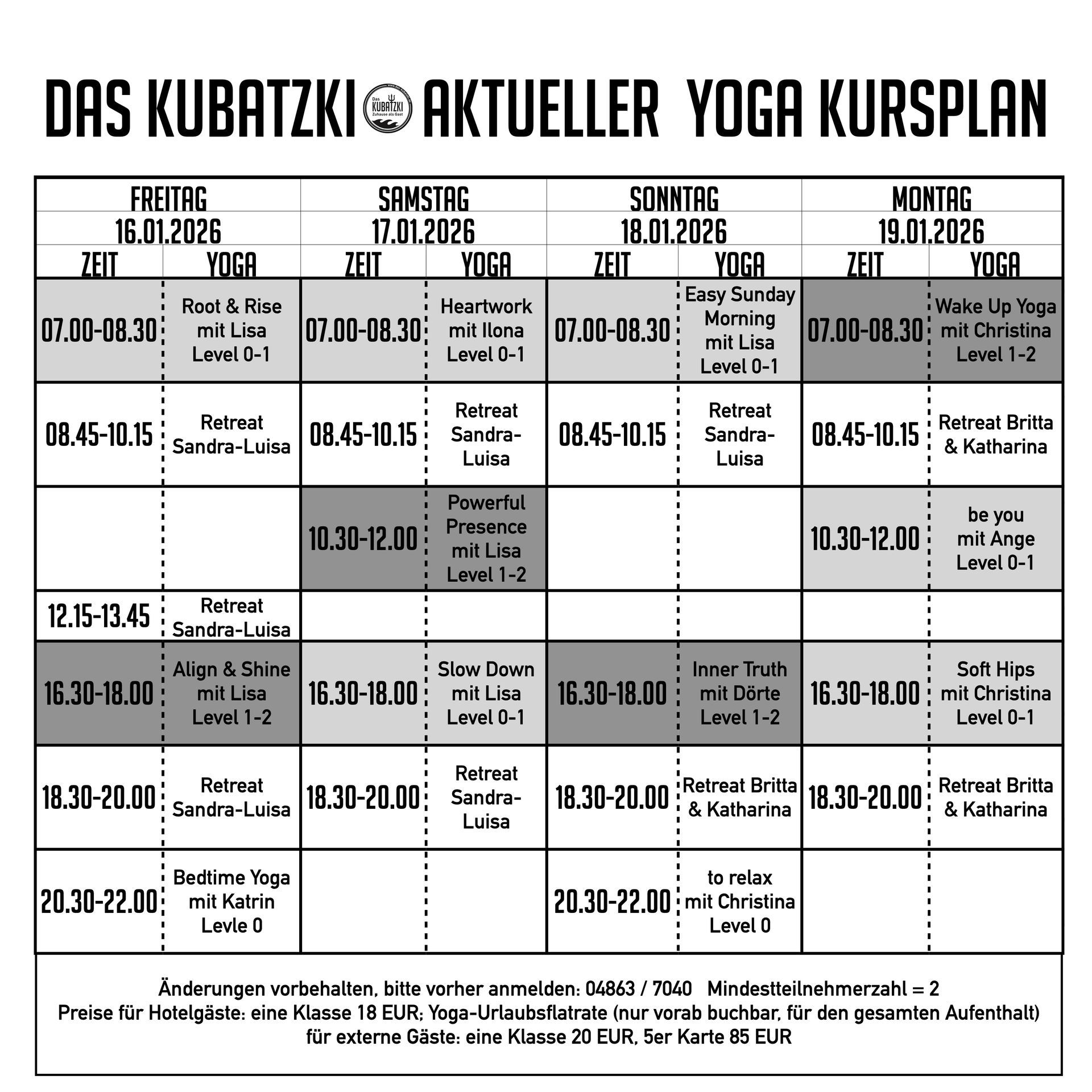 Yoga-Kursplan: Zeiten, Tage und Kurse von Donnerstag bis Sonntag.