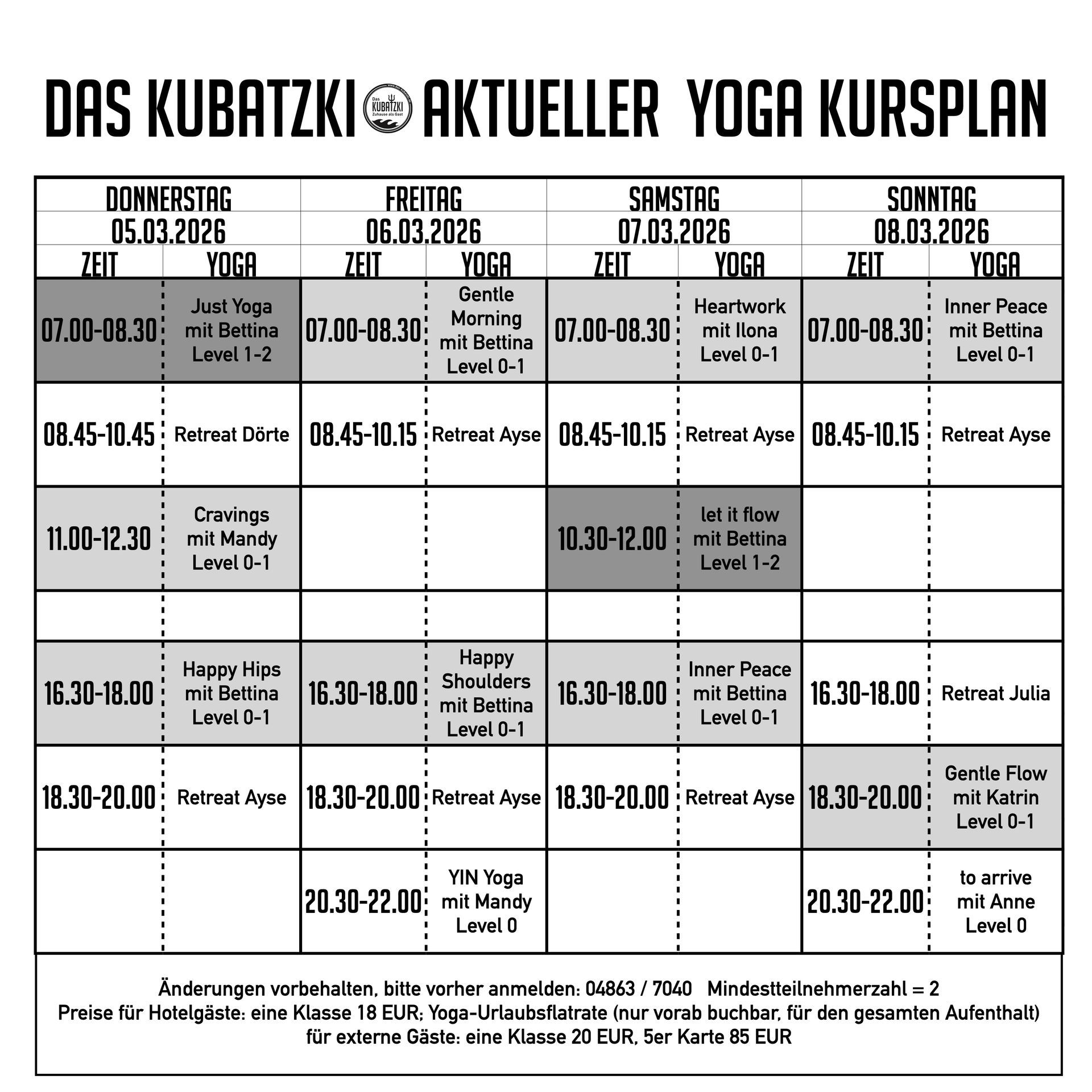 Yoga-Kursplan mit Angabe von Zeiten, Tagen und Arten der Yoga-Kurse.
