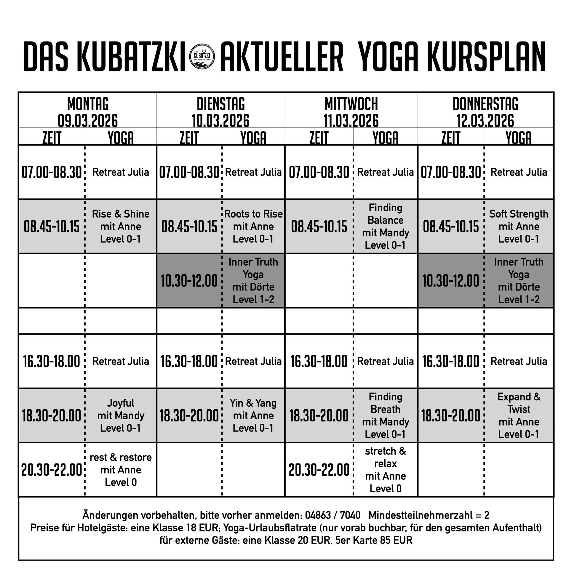 Yoga-Kursplan mit Angabe von Zeiten, Tagen und Kursleitern.