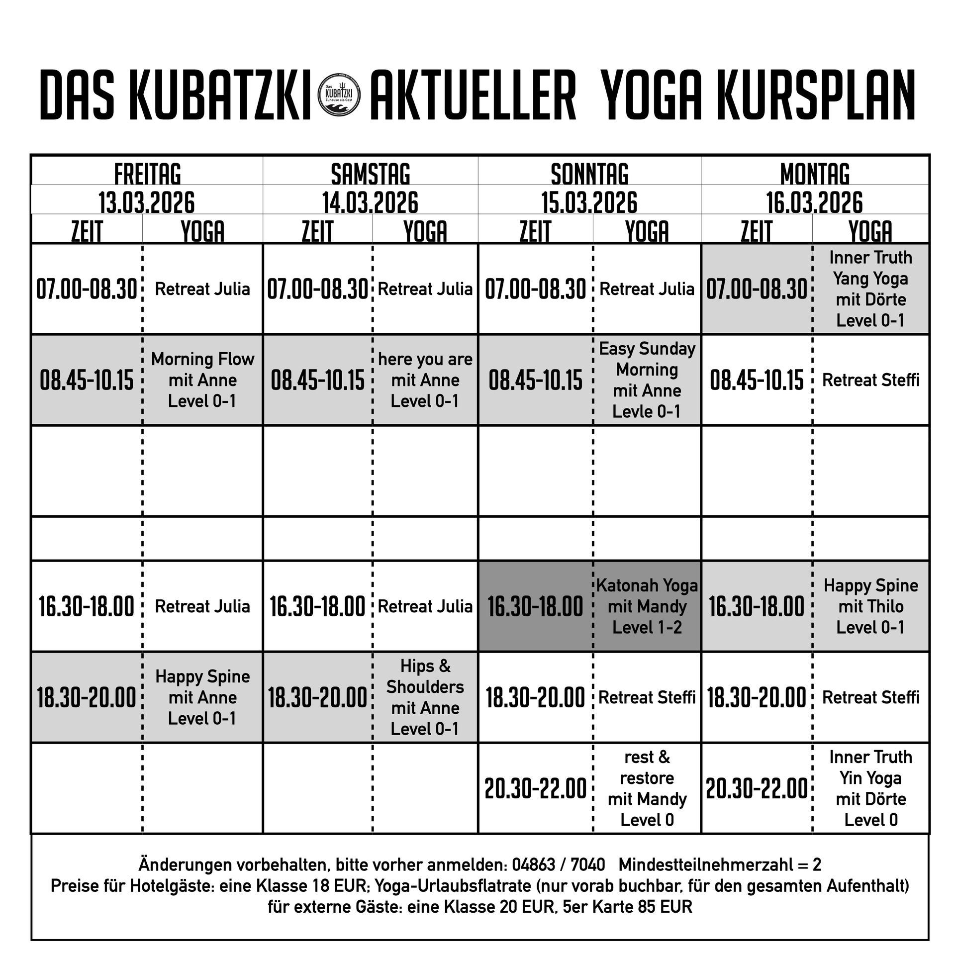 Yoga-Kursplan mit Angabe von Zeiten, Tagen und Kursleitern.