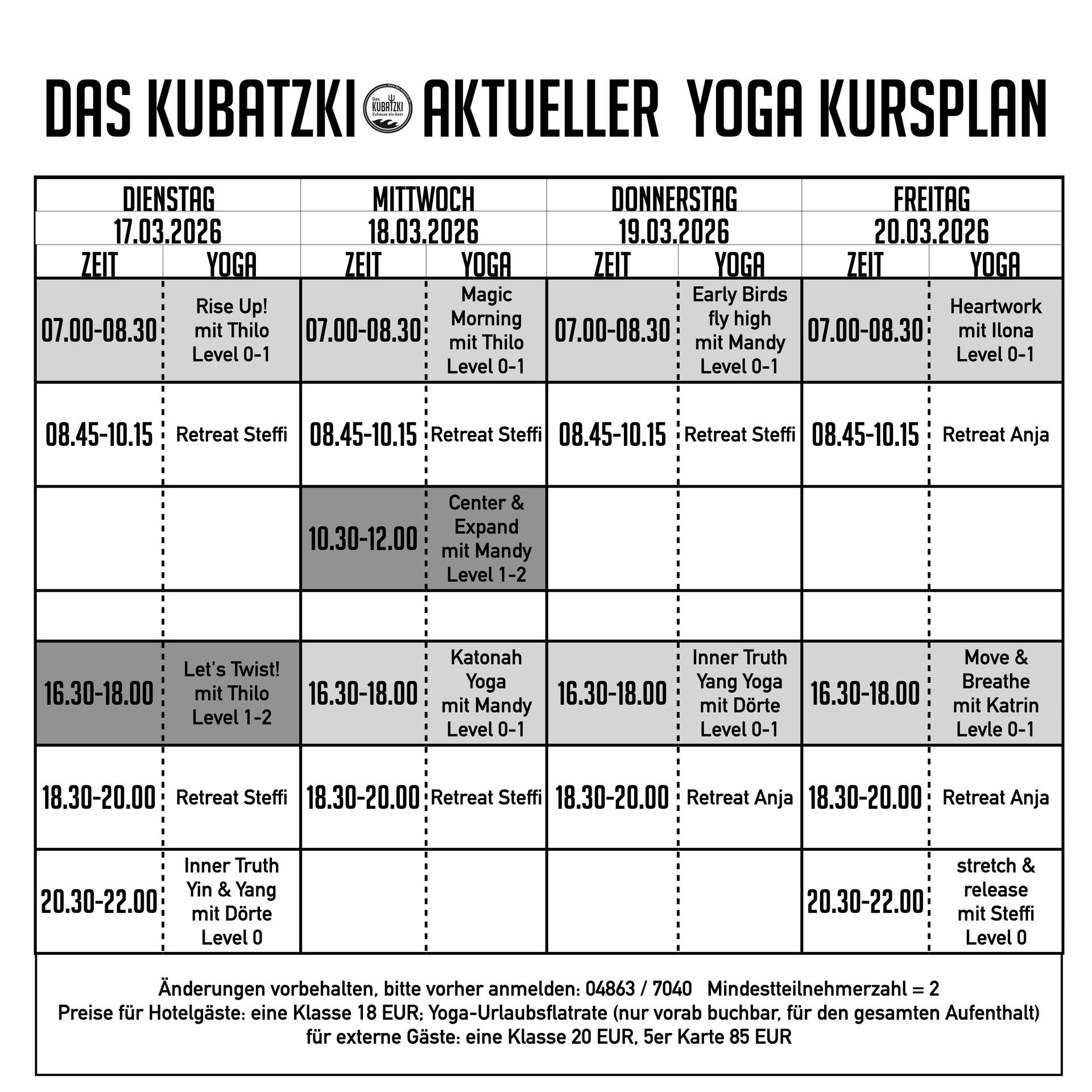 Yoga-Kursplan mit Angabe von Zeiten, Tagen und Kursleitern.