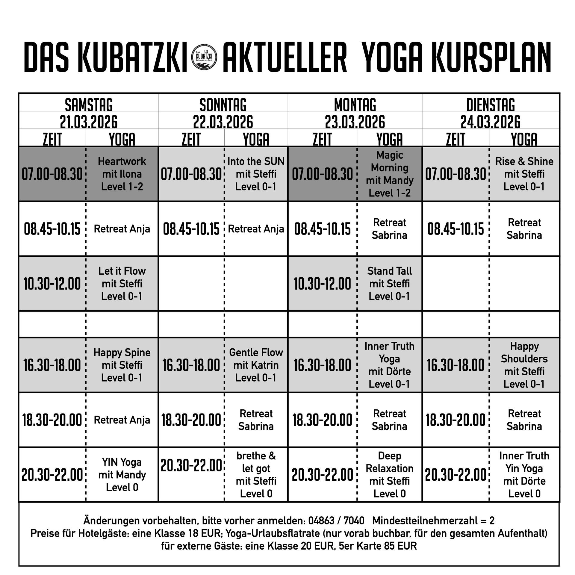 Yoga-Kursplan mit Angabe von Zeiten, Tagen und Kursleitern.