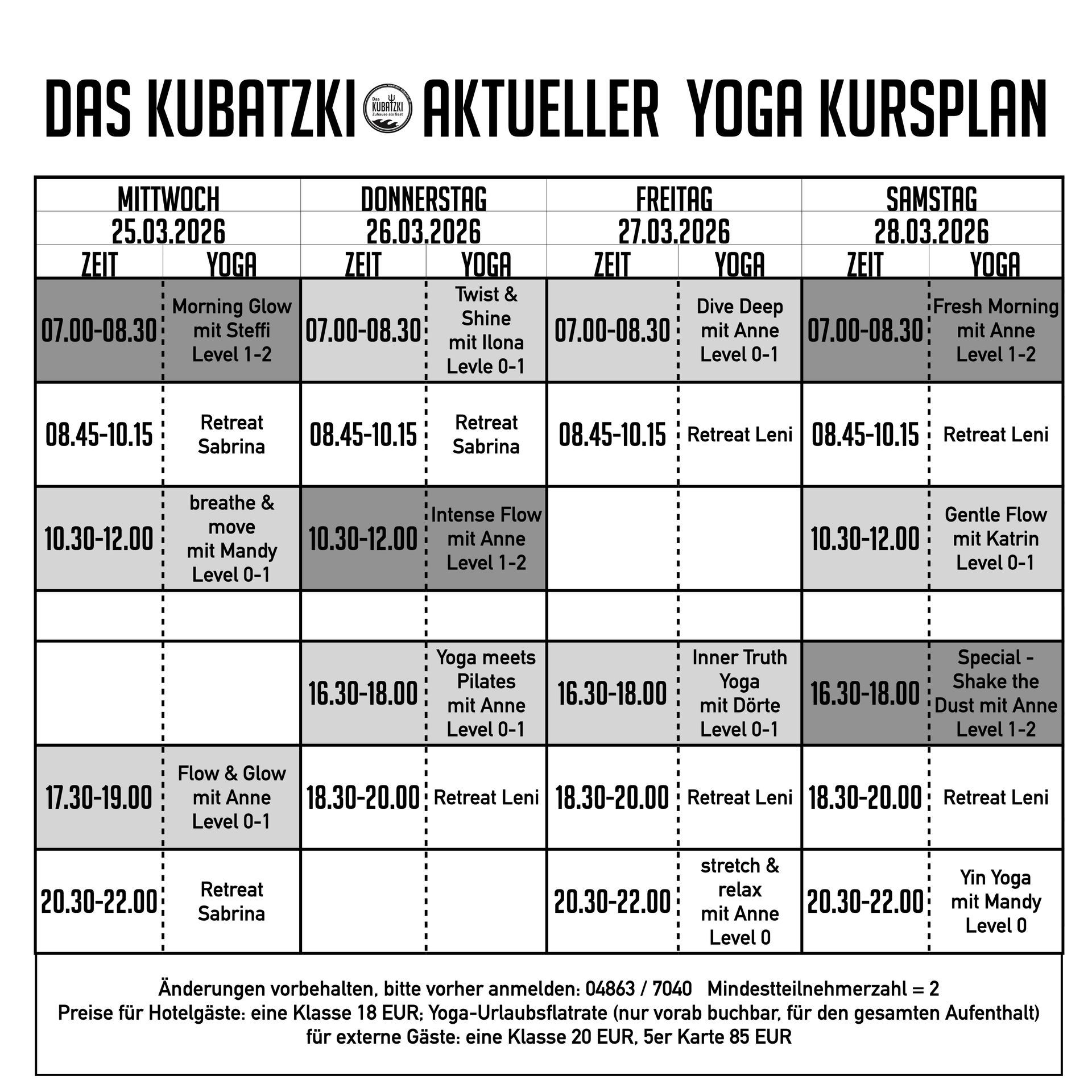 Yoga-Kursplan mit Angabe von Zeiten, Tagen und Kursleitern.