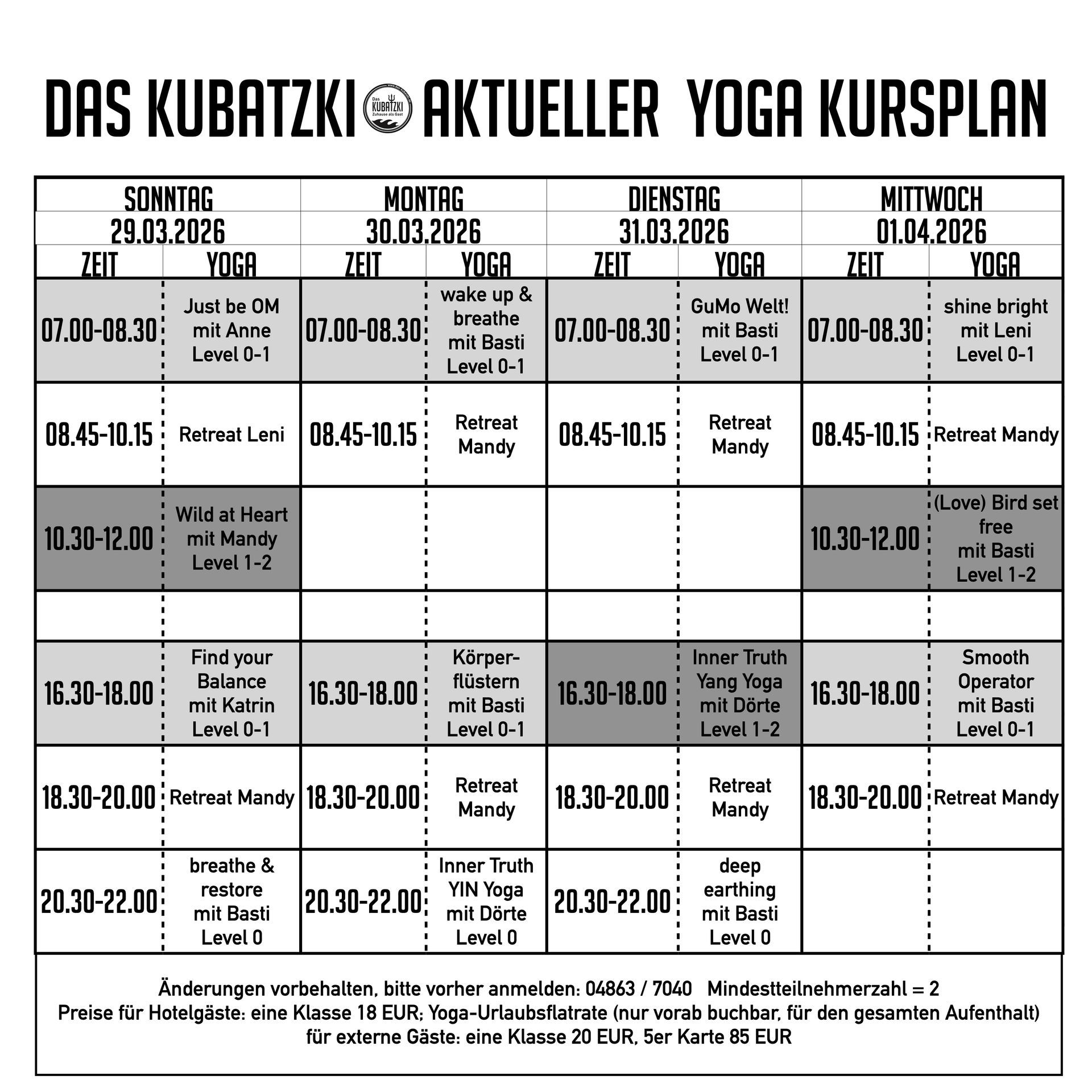 Yoga-Kursplan mit Angabe von Zeiten, Tagen und Kursleitern.