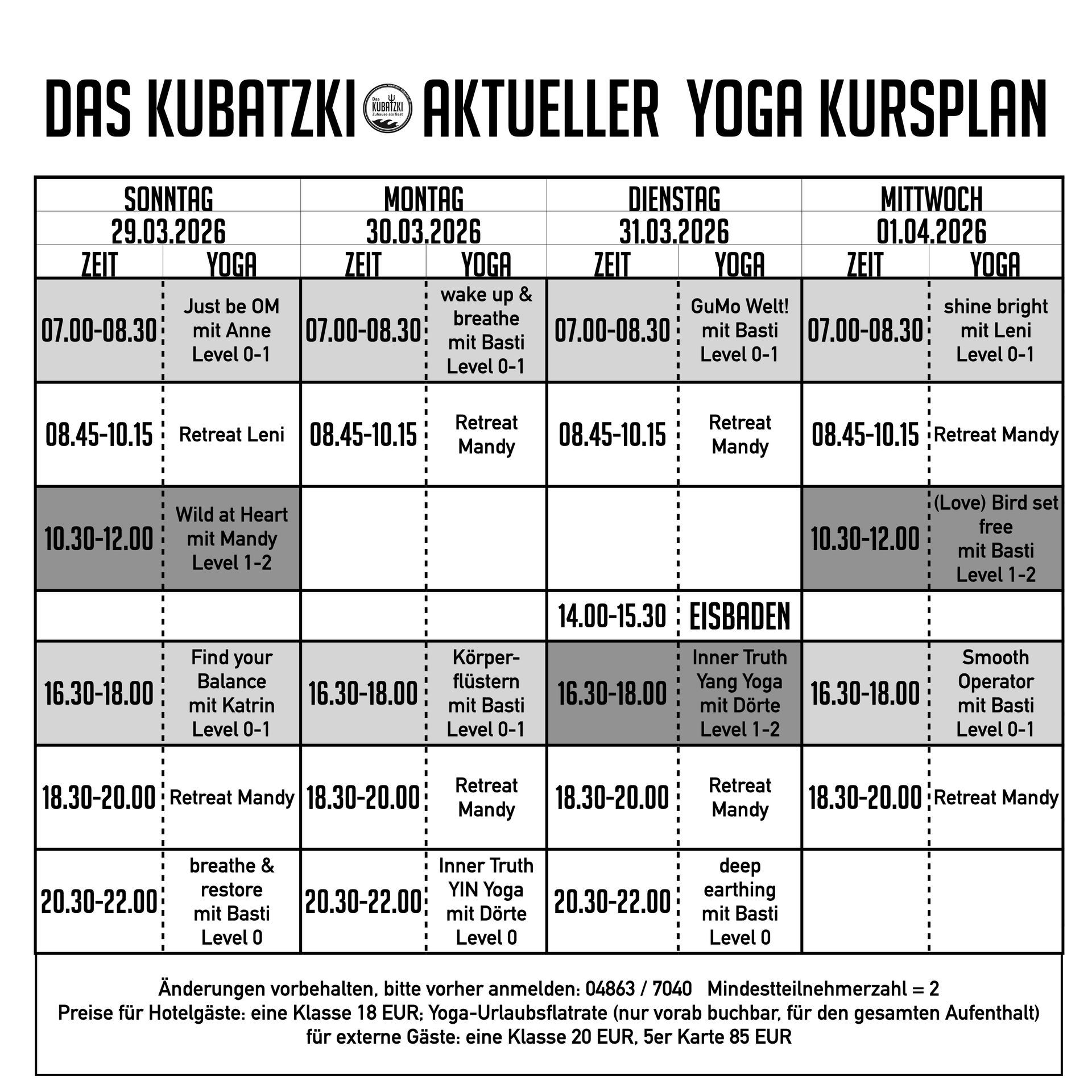 Yoga-Kursplan mit Angabe von Zeiten, Tagen und Kursleitern.