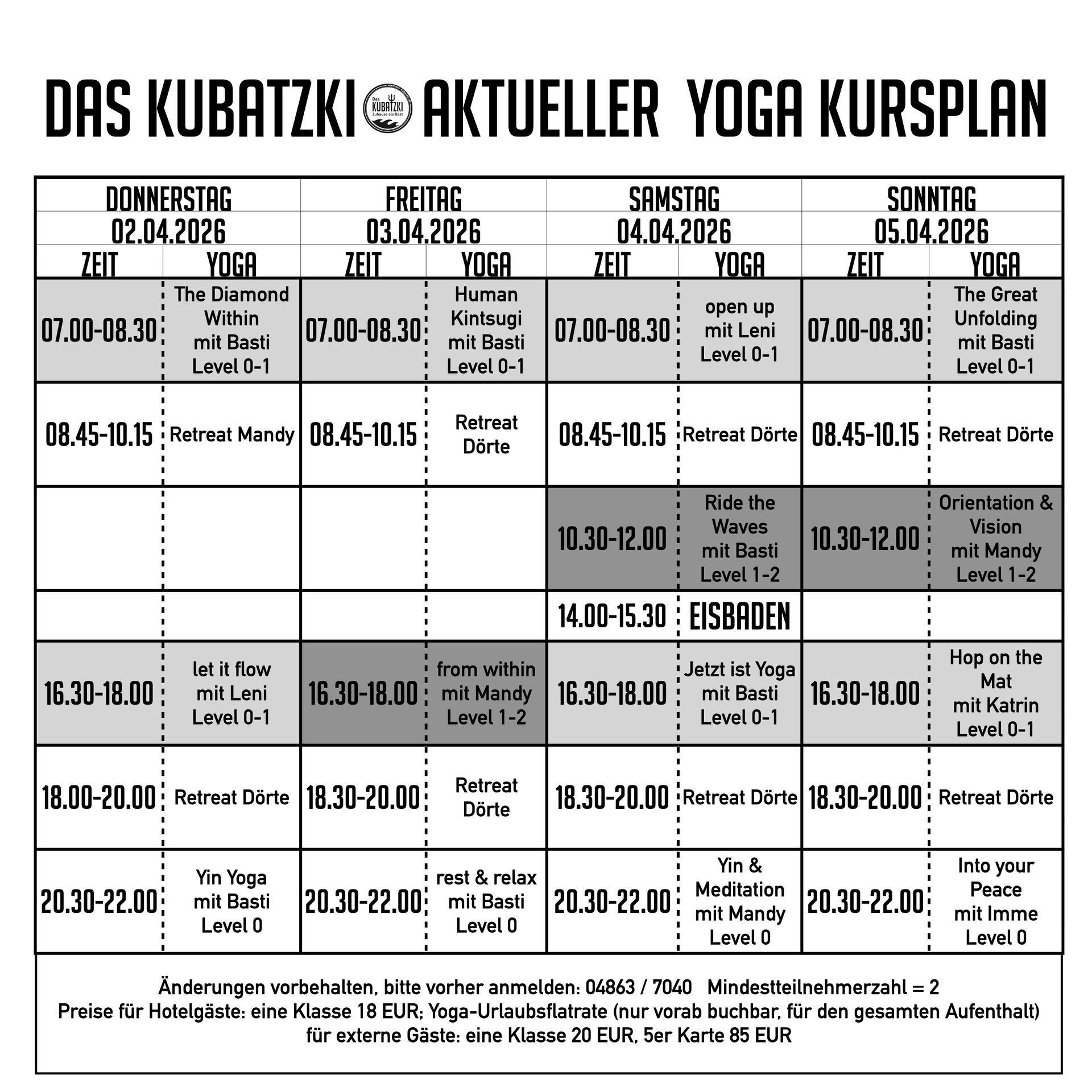 Yoga-Kursplan mit Angabe von Zeiten, Tagen und Kursleitern.