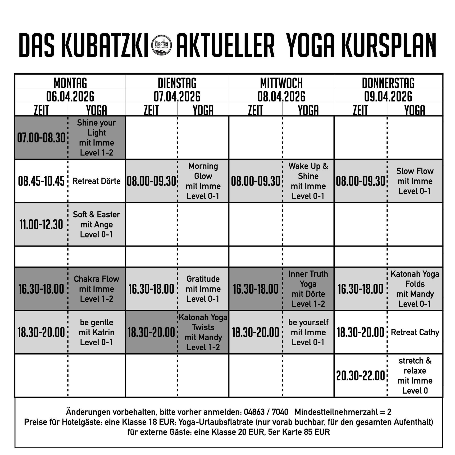 Yoga-Kursplan mit Angabe von Zeiten, Tagen und Kursleitern.