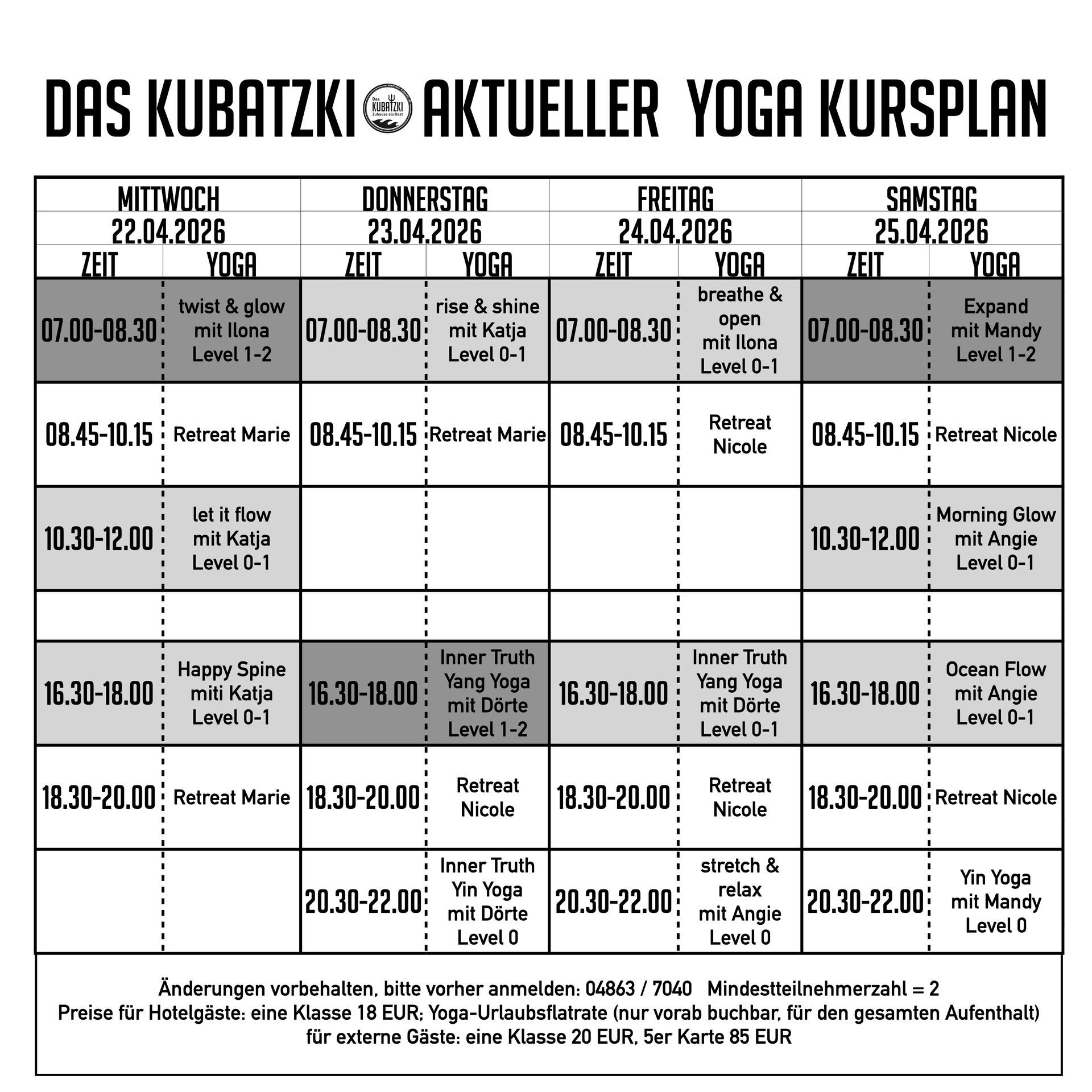 Yoga-Kursplan mit Angabe von Zeiten, Tagen und Arten der Yoga-Kurse.