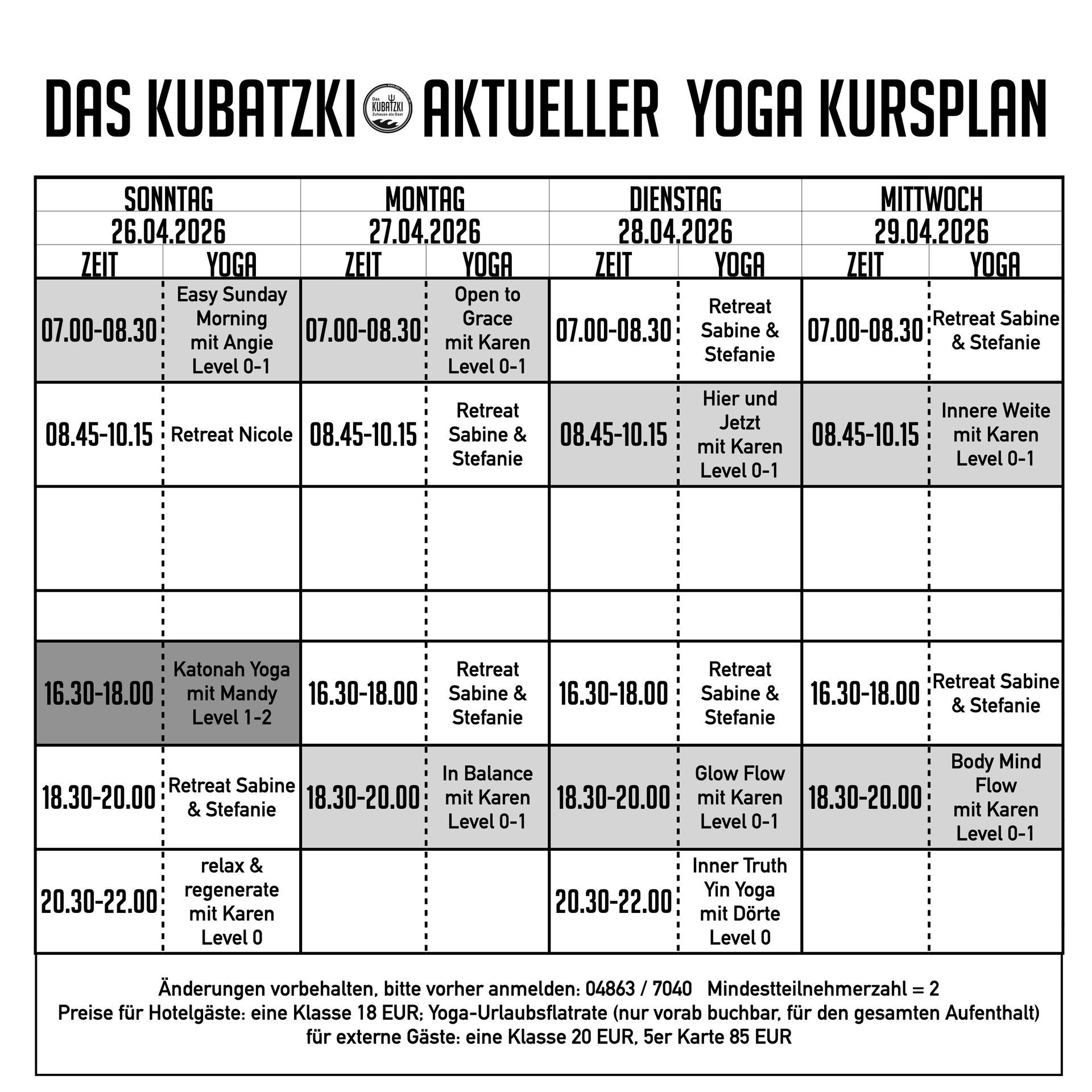 Yoga-Kursplan mit Angabe von Zeiten, Tagen und Kursleitern.
