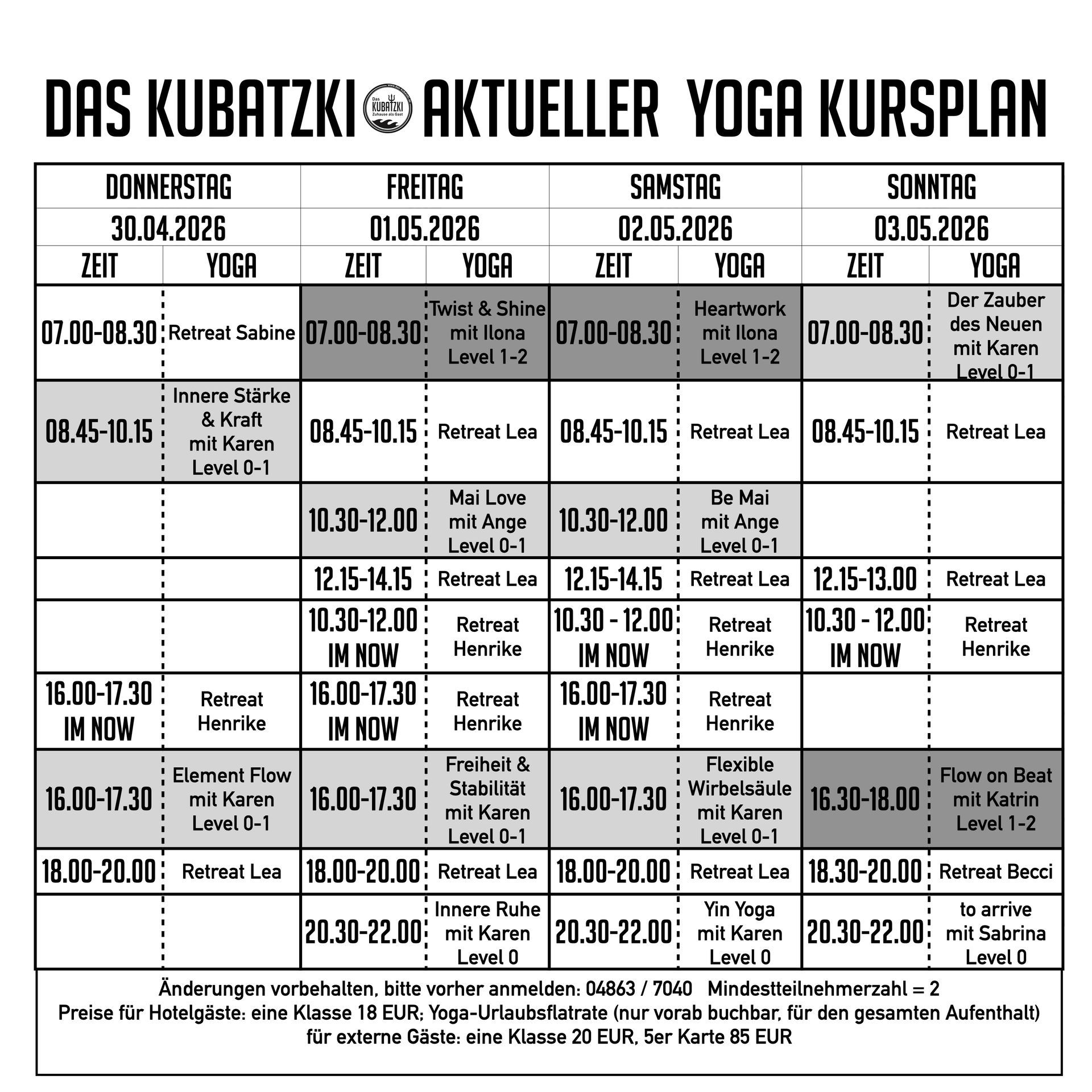 Yoga-Kursplan mit Angabe von Zeiten, Tagen und Kursleitern.