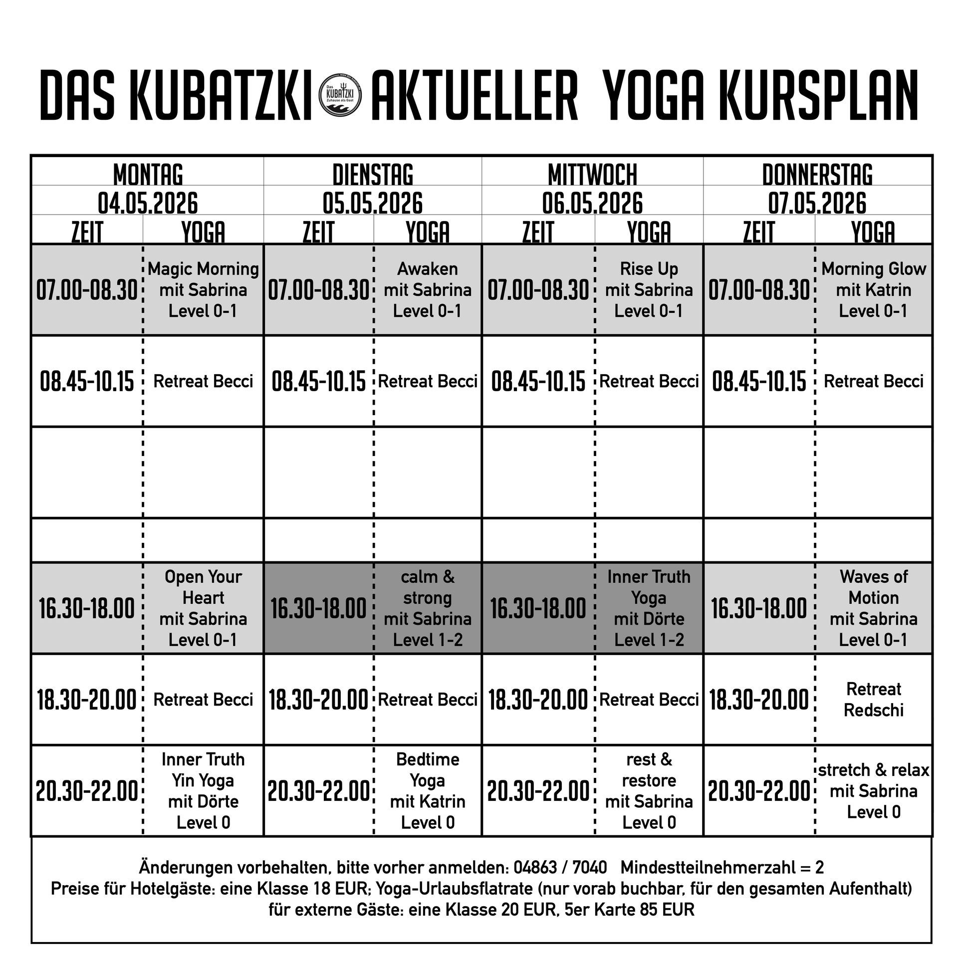 Yoga-Kursplan mit Angabe von Zeiten, Tagen und Kursleitern.