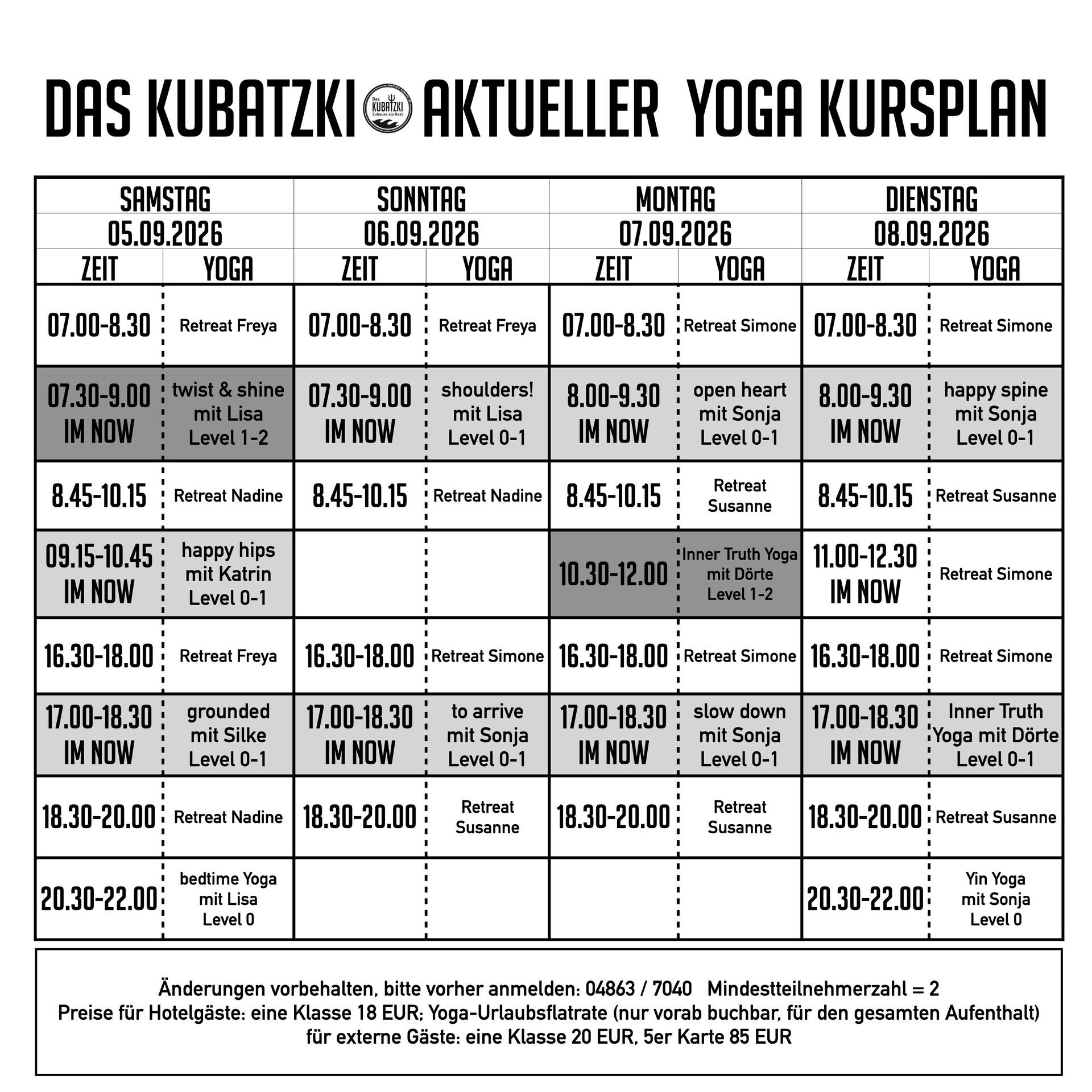 Aktueller Yoga Kursplan
