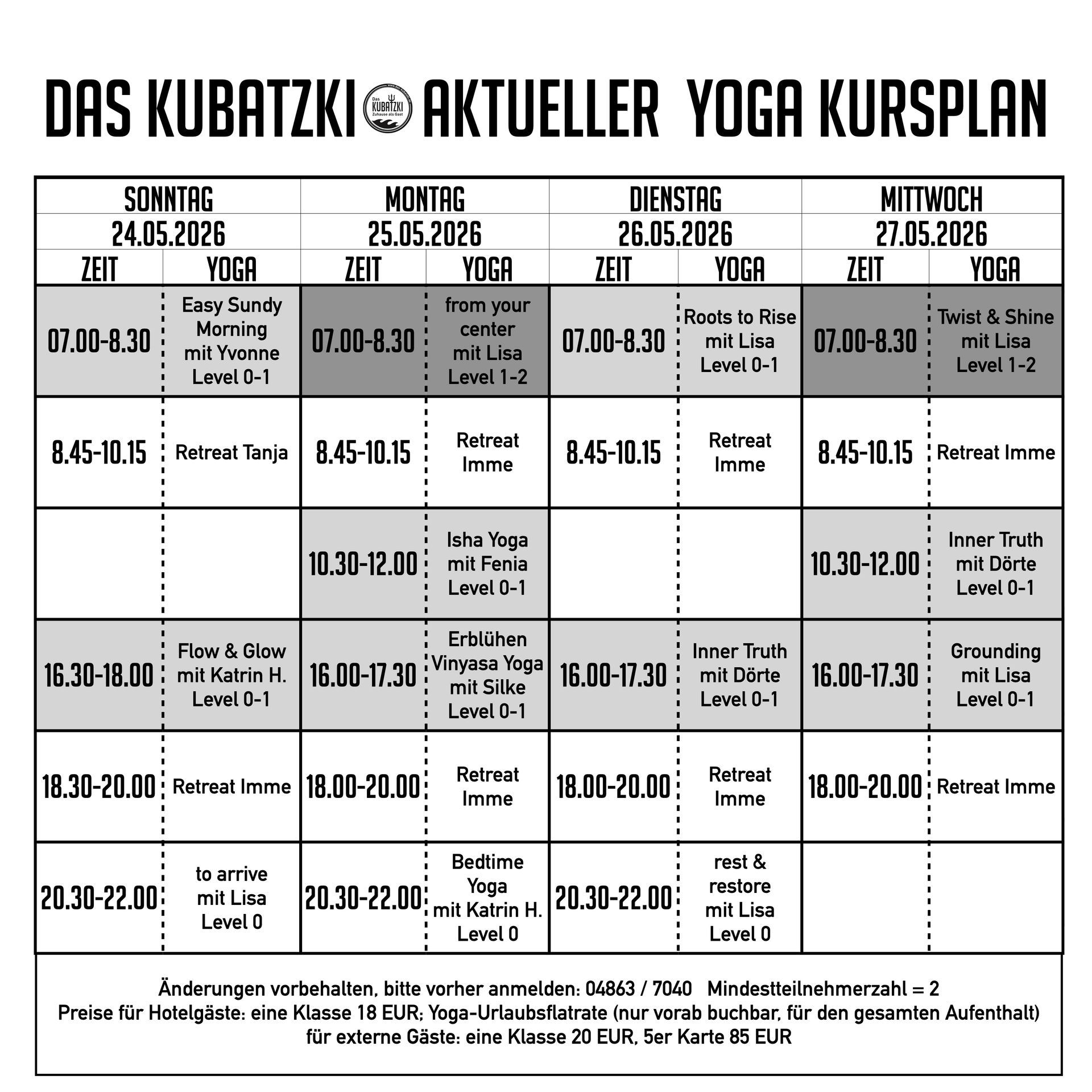 Yoga-Kursplan mit Angabe von Zeiten, Tagen und Kursleitern.