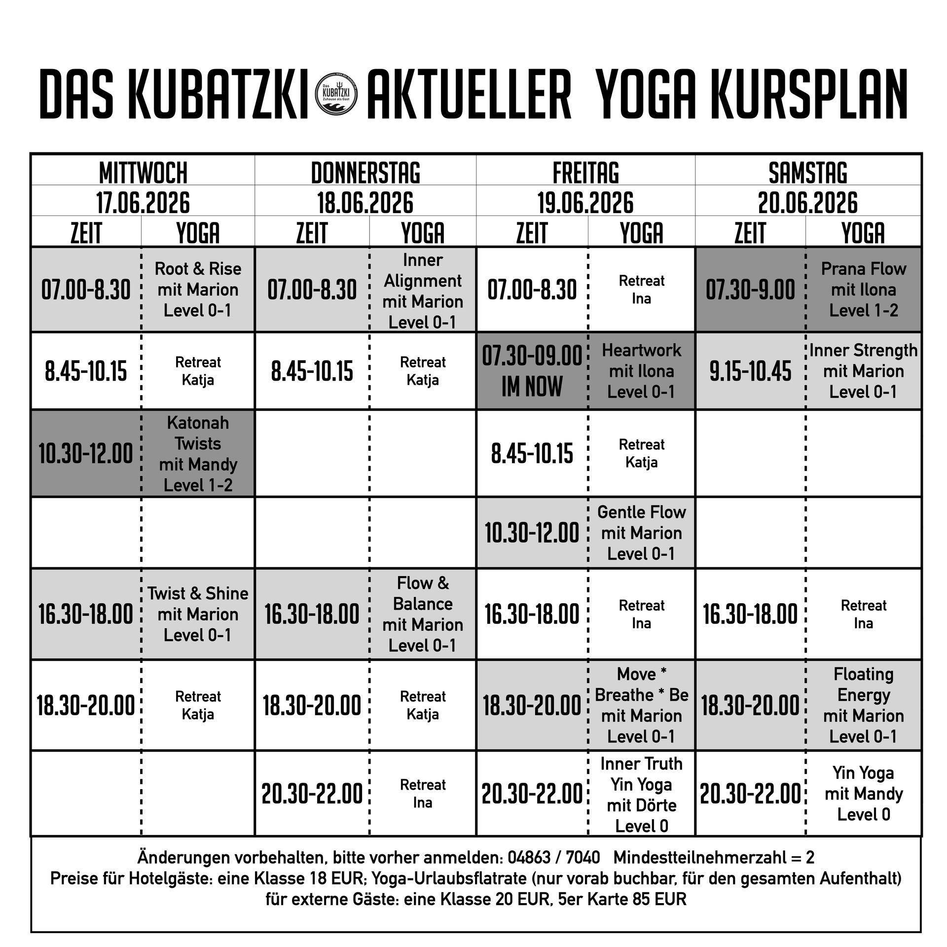 Yoga-Kursplan mit Angabe von Zeiten, Tagen und Kursleitern.