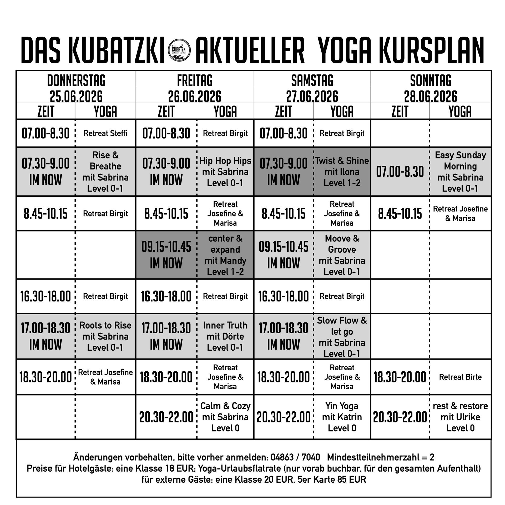 Aktueller Yoga Kursplan