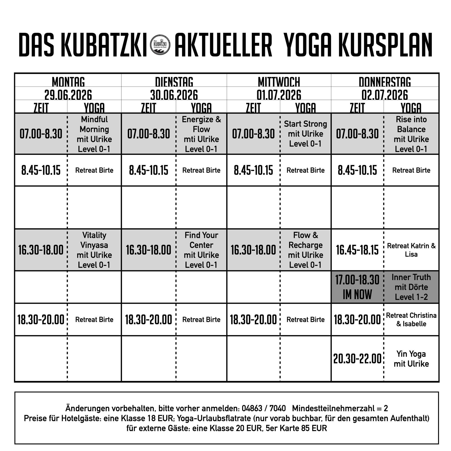 Aktueller Yoga Kursplan