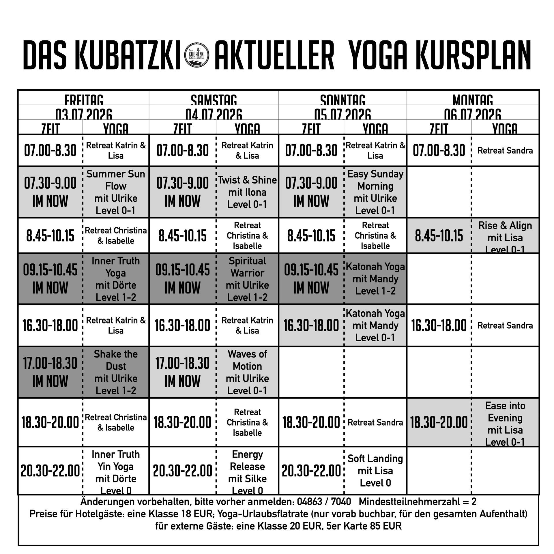 Aktueller Yoga Kursplan