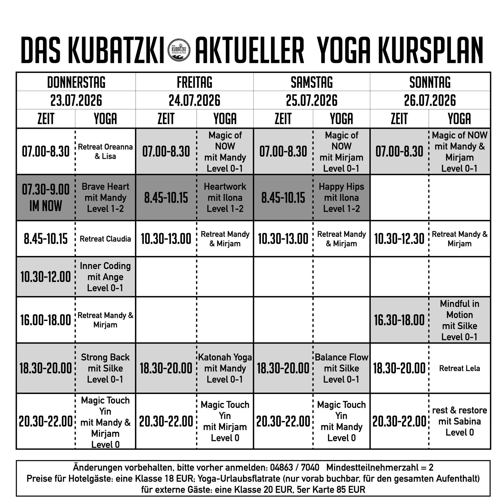 Yoga-Kursplan mit Angabe von Zeiten, Tagen und Kursleitern.