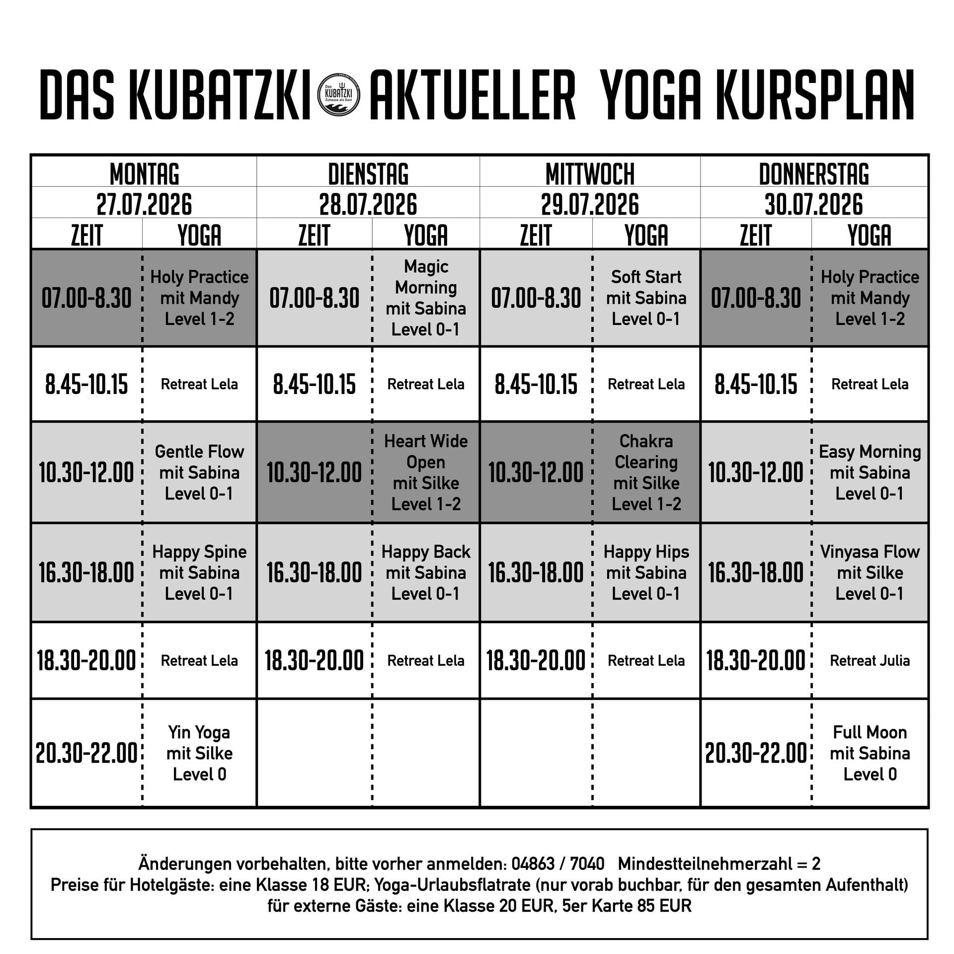 Aktueller Yoga Kursplan