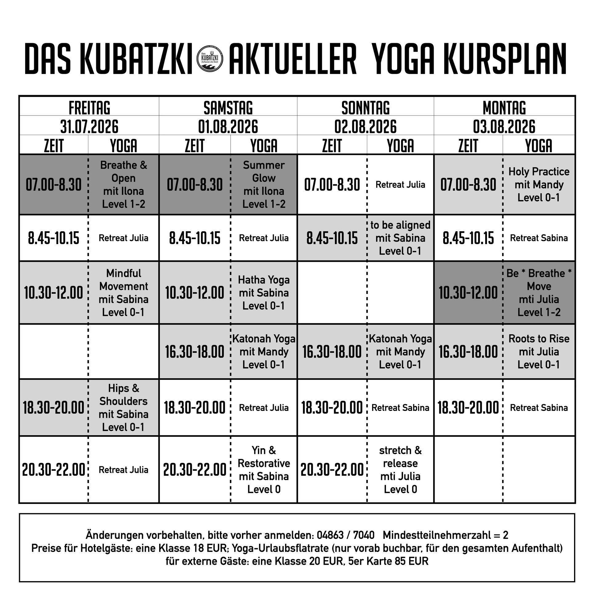 Aktueller Yoga Kursplan