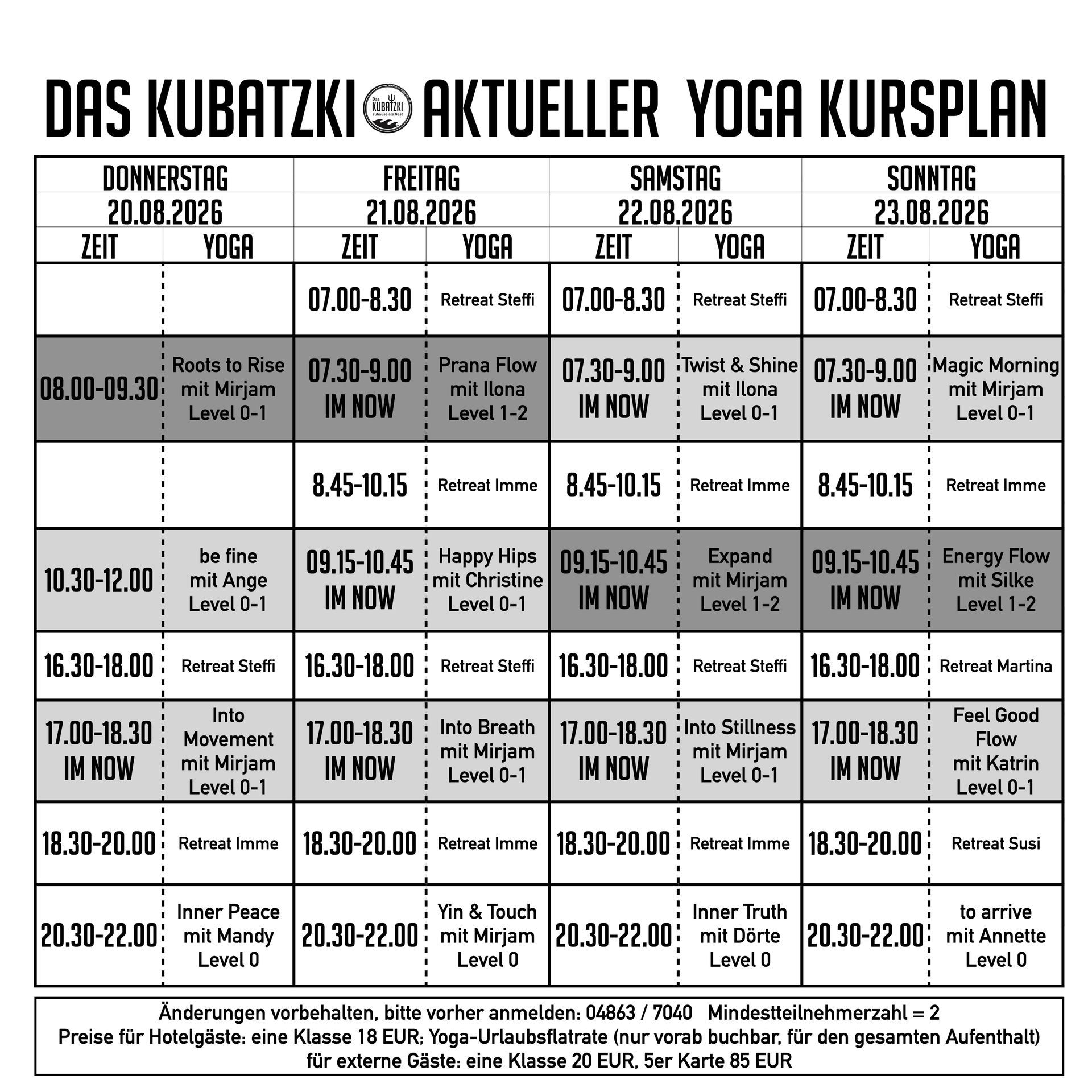 Yoga-Kursplan mit Angabe von Zeiten, Tagen und Kursleitern.