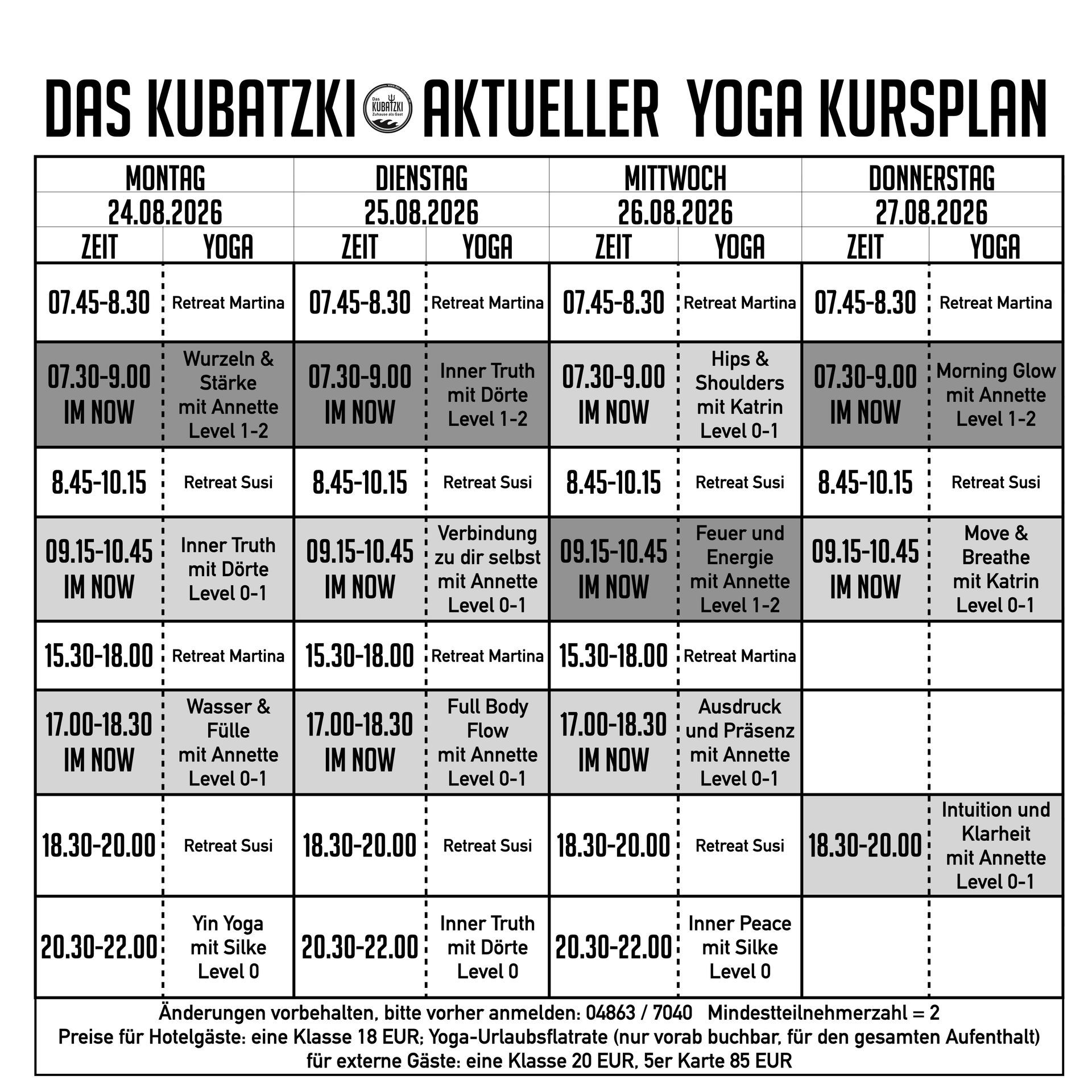 Aktueller Yoga Kursplan