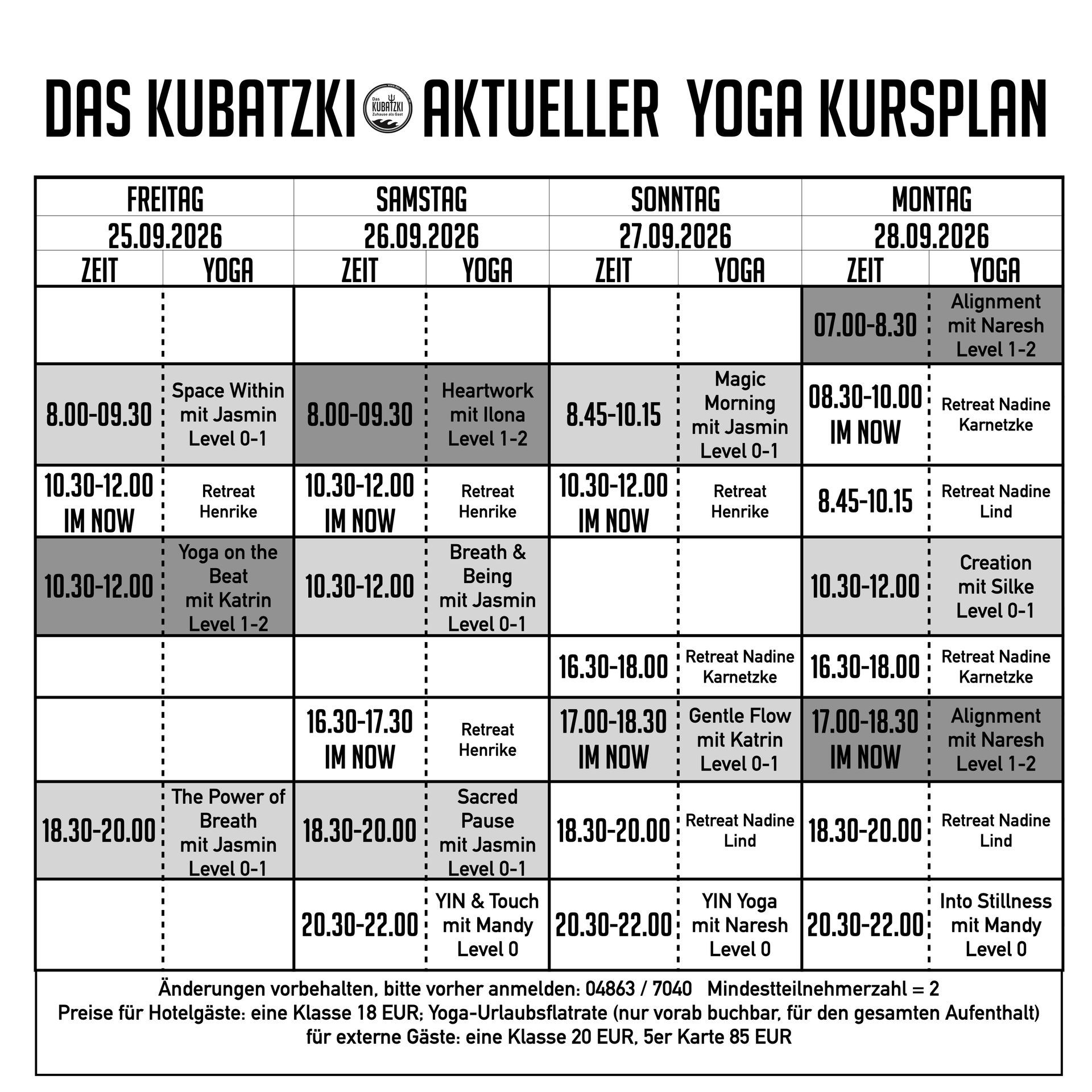 Aktueller Yoga Kursplan
